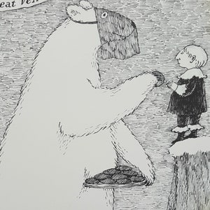 May include: A black and white illustration of a polar bear wearing a mask and holding a plate of cookies. A small person in a black coat and white boots stands on a cliff and looks at the bear.