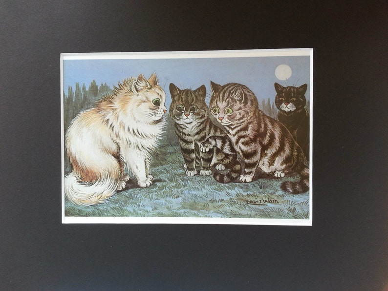 Louis Wain Cat Print Mounted Art 1983 Vintage Original