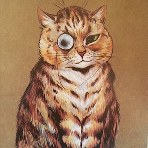 Louis Wain Tabby Cat Print Wall Art 1983 Vintage Original Print Mounted Ready to Frame Cat With Eyeglass