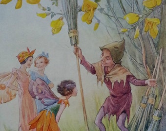 Margaret Tarrant RARE - Margaret Tarrant  Vintage Broom Fairy Print Fairies Mounted 1936 Childs Nursery Ready to Frame