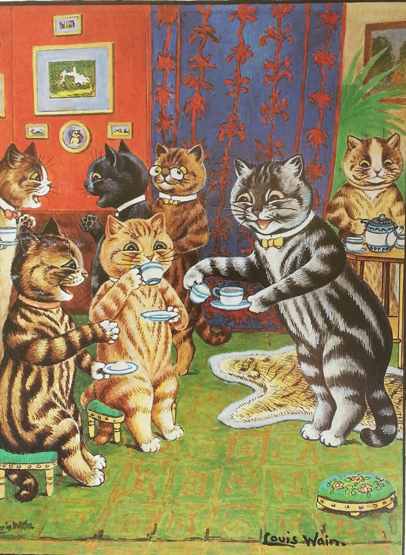 Impresión de Louis Wain Cat, arte montado, impresión original vintage de 1983, lista para enmarcar, té de la tarde en casa imagen 1