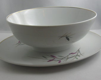 Década de 1950 Rosenthal Alemania. Guarnición / Sauciere. Formulario E. Diseño Raymond F Loewy. Decoración: Hierbas coloridas (¿geisha?). VINTAGE moderno