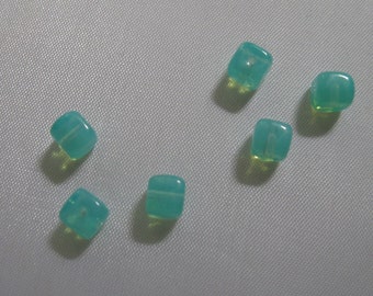 Genuine Bohemian Uranium Glass Beads: Cube 5 x 5mm - Turquoise-Green Semi-Transparent. 6 pieces. Vintage Pearl Treasure