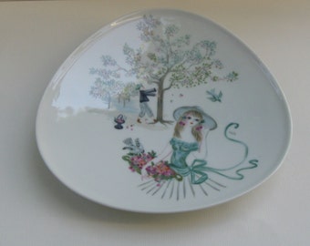 ROSENTHAL Germany Art Department Selb. Magical 50s porcelain plate "cherry harvest". Trifoil, Ø 20 cm. Design: Bele Bachem. VINTAGE