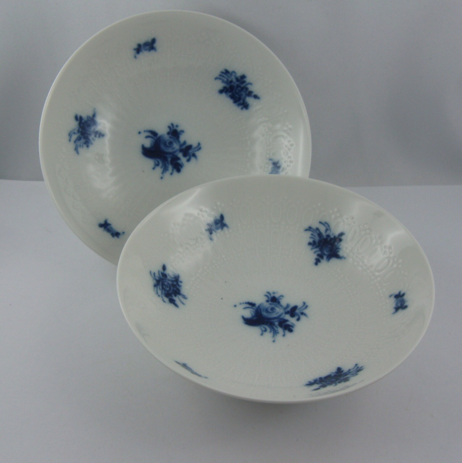 Rosenthal Germany. Romance in Blue. 2 small bowls. White with embossed and blue floral decor. Design Bjorn Wiinblad. VINTAGE