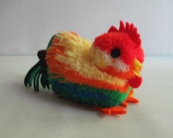 STEIFF d'origine 7245/08. Ancien grand oiseau en laine / oiseau pompon COQ en laine, 8 cm. Fabriqué en Allemagne. 1976 à 1983. JOUETS VINTAGE