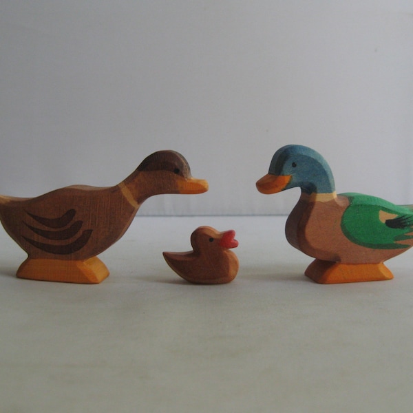 Retired Ostheimer wooden animals / wooden figures. Drake and duck with ducklings. OLD models => Ostheimer RARITIES. Vintage wooden toys