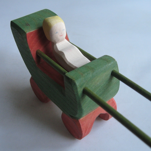 Retired Ostheimer wooden figure stroller. In addition, an Ostheimer baby (child for crib) with blond hair. VINTAGE wooden toy RARITIES
