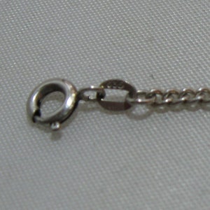 May include: Close-up of a silver chain necklace clasp with a lobster claw closure. The chain is a curb style with a polished finish.