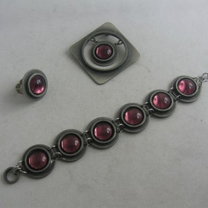 BENT LARSEN Tin DENMARK. Pewter jewelry set with purple gemstones. Scandinavian jewelry. 1960s modernist vintage
