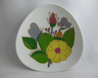Rosenthal Germany studio line. Miniature porcelain plate (triangle). Wolf Bauer decor. Colorful flowers. 1970s design. Vintage porcelain