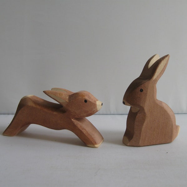 Original OSTHEIMER wooden figures / wood animals (marked). Wooden toys. Animals in forest and field: 2 hares / bunnies. VINTAGE