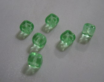 Real Bohemian uranium glass beads in cube shape. Approx. 5 x 5mm. Green - transparent. 6 pieces. 1940s vintage beaded treasure