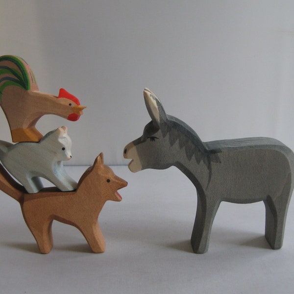 Old model. Ostheimer wooden figures / wooden animals. Bremen Town Musicians 4 parts: donkey, dog, cat and rooster. H 20 cm. Vintage wooden toys