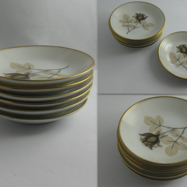 ANGEBOT: Rosenthal Germany. 6 Stück kleine Porzellan Tellerchen. Form 2000, Dekor Schattenrose. ⵁ ca. 8,5 cm. 1960er Jahre Vintage Porzellan