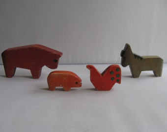 Brockel game form. 4 wooden figures RARE. Cow, donkey, piglet and chicken. Old wooden toys made in Germany. Waldorf eco VINTAGE toy