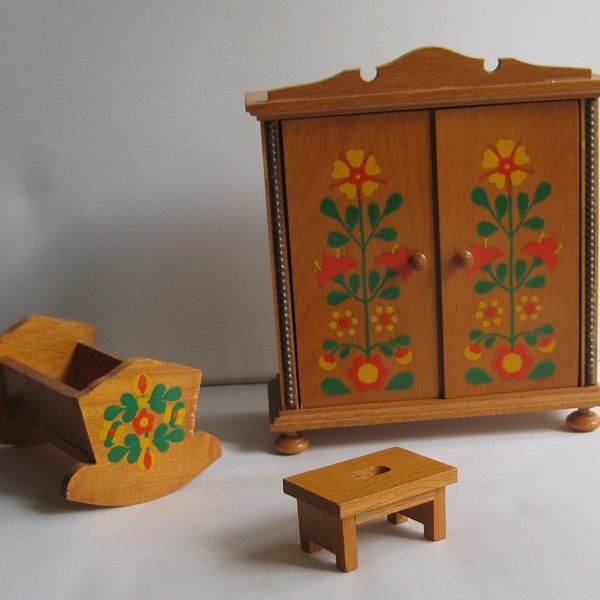 Dollhouse farmhouse bedroom furniture: cupboard, cradle, stool. Farmhouse painting. Wood. Probably 1970s vintage dollhouse accessories