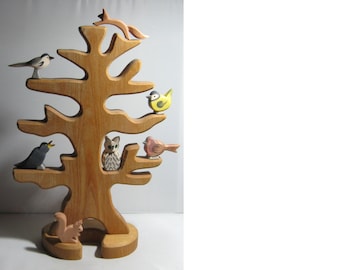 Original Ostheimer Holzfiguren / Holztiere. Holzspielzeug. Vogelbaum mit Stütze  mit 5 Vögeln und 2 Eichhörnchen. VINTAGE