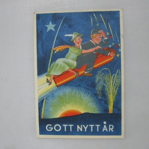 Carte postale Dieu Nytt År (Bonne année). Petit format. Carte de vœux miniature de Suède. Couru. millésime des années 1940