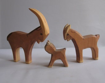 Original OSTHEIMER wooden animals / wood figures (marked). Wooden toys. 3 Farm animals: billy-goat, goat and goat kid. RARITIES. VINTAGE