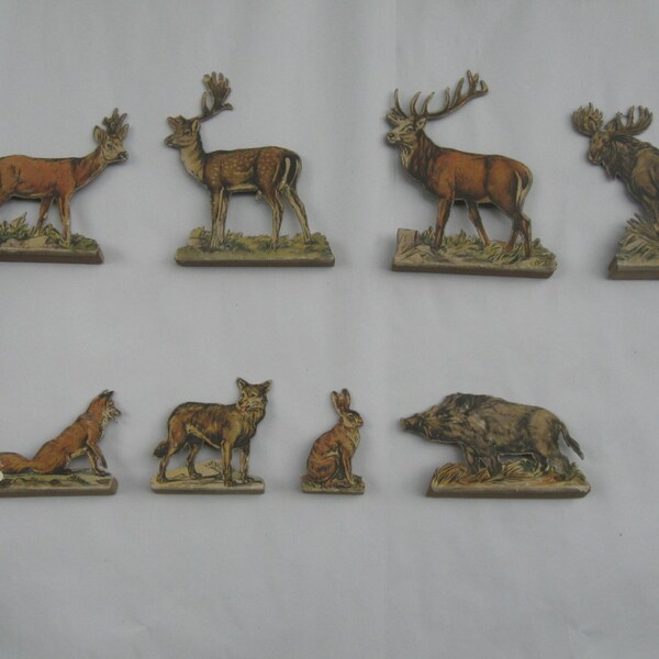 Fantastic bundle of ancient FOREST and FIELD ANIMALS (show animals / teaching animals) out of paper on wood. 8 animals. Vintage