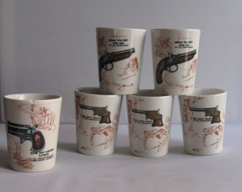 Sgrafo Modern Germany. 5 porcelain jigger / small cups. "Wild West" (Revolver / Pistol / Colt). Probably 1960s. Modernist porcelain. VINTAGE