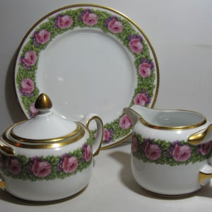 Rosenthal Bavaria &quot;Rose of Stambul&quot;. Enchanting porcelain set: sugar bowl with lid, milk jug, confectionery plate. 1920s. VINTAGE