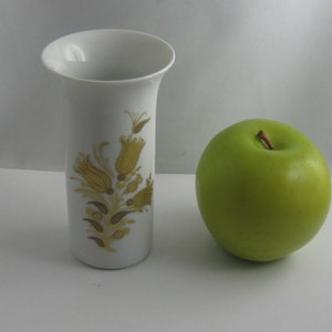 Puede incluir: Un jarrón de cerámica blanca con un diseño floral dorado. El jarrón mide aproximadamente 15 cm de alto y tiene una forma cilíndrica. Está sentado sobre una superficie blanca junto a una manzana verde.