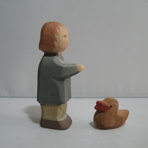 Retired Ostheimer wooden figures. Boy (toddler) with chick. OLD models, no longer listed =&gt; Ostheimer RARITIES. Vintage wooden toys
