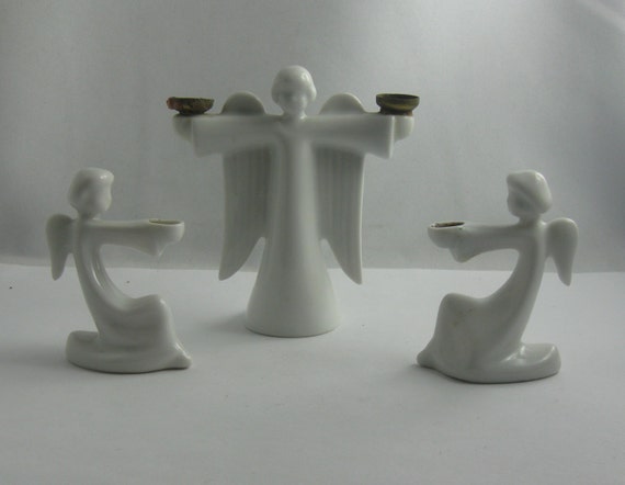 ROSENTHAL Selb Germany. 3 Engel mit Kerzenhalter aus Messing (2). Advent / Weihnachten Dekoration. 1950er Jahre. VINTAGE