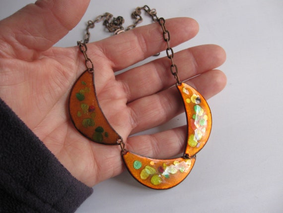 Cheerful Casually Elegant Long Copper Enamel Necklace. Handwork