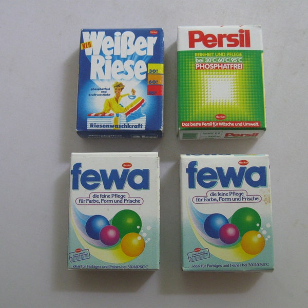 Old toy shop / toy grocery store / toy store accessories: bundle of 4 pieces detergent packaging from Germany. 1960s / 70s. Vintage toys