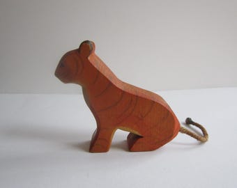 Early 1980s Ostheimer rarity 2. Wooden figure with early Ostheimer branding. Sitting tiger. Vintage wooden toy rarity