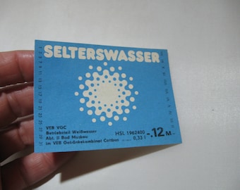 GDR bottle label: Seltzerwasser. VEB VGC Weißwasser Bad Muskau Beverage Combine Cottbus division. 1980s vintage collectible item