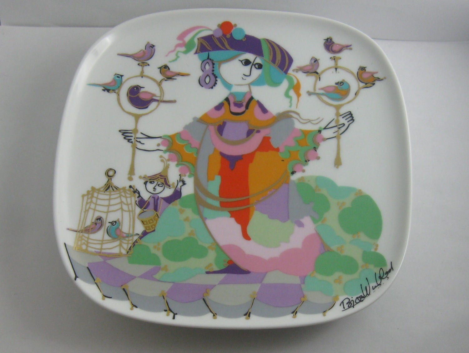Rosenthal Germany studio-line. Porcelain plate "Commedia dell' arte" from 1001 nights: Bird trader. Bjoern Wiinblad. Approx. 18 cm. VINTAGE