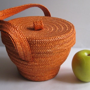 1950er / 60er Jahre Obst Henkelkorb mit Deckel aus Bast / Sisal (?) mit Kunststoffschale. NEUwertiges Original der Zeit. Midcentury Vintage