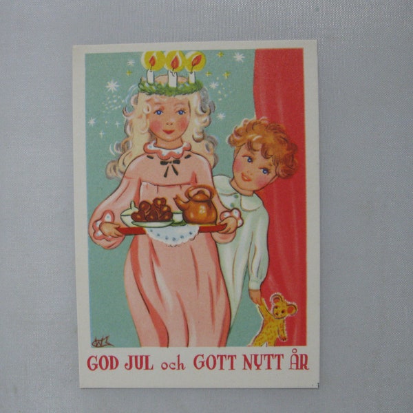 Ansichtskarte God Jul och Gott Nytt År. Svensk tillverkning. Kleinformat. Miniatur Grußkarte aus Schweden. 1940er Jahre Vintage