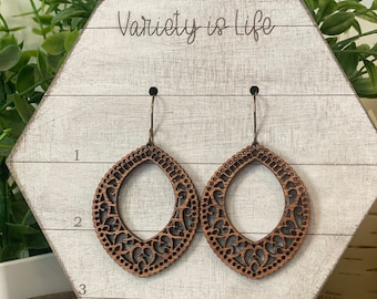 Boho teardrop dangle wood earrings, wooden earrings, Walnut, wood, jewelry, earring, earrings, cutout