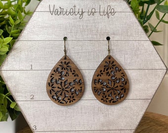 Flowers mandala Boho teardrop wood earrings, Wood earring, trendy, wood jewelry, wood, laser cut