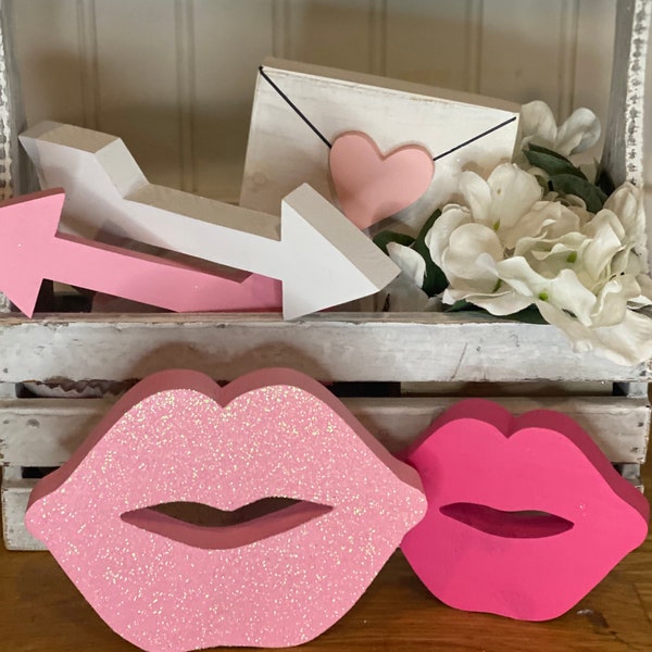 Valentine lips, kiss, Valentine’s, pink, red, kisses, smooches, love, Valentines tier tray, Valentine decor, glitter lips, wood lips