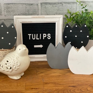 Black, white, neutral, Wood Tulips, Spring decor, Spring, Wood Flowers, Tulip, tier tray, farmhouse decor, tulips, wood flower, gray, dot
