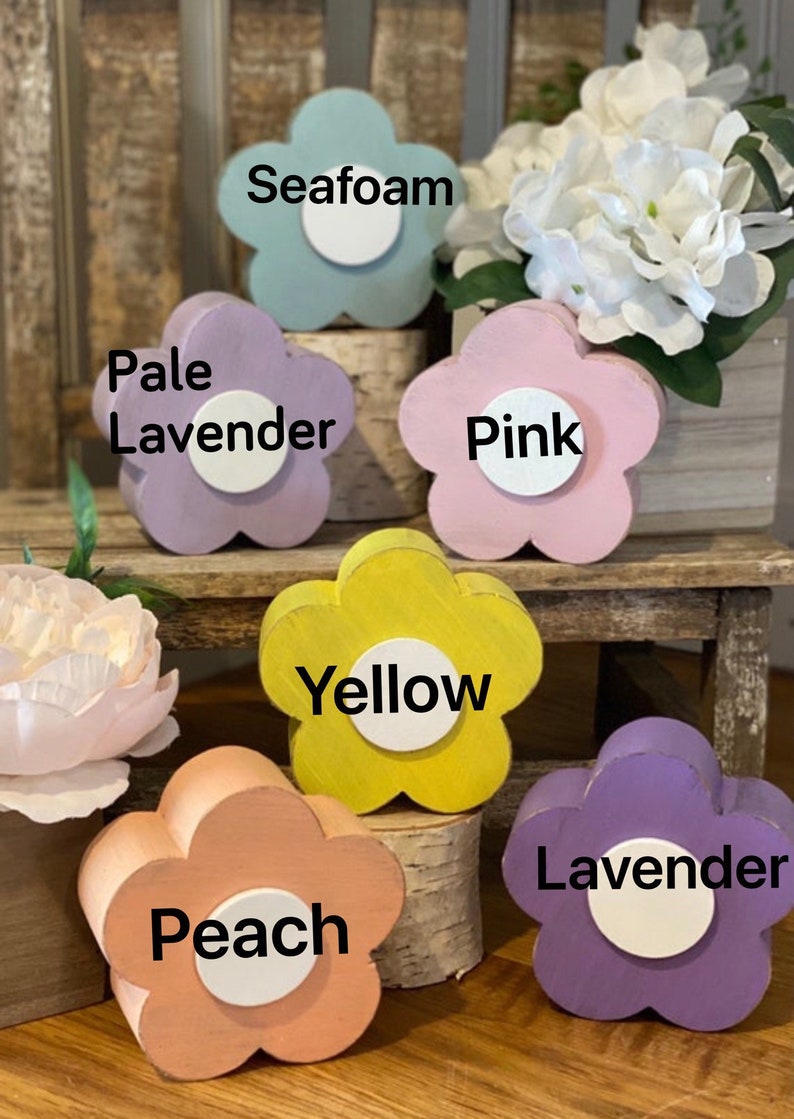 Pu&ograve; includere: Sei ornamenti in legno a forma di fiore in vari colori pastello, tra cui verde acqua, lavanda pallida, rosa, giallo, pesca e lavanda. Ogni ornamento ha un cerchio bianco al centro.