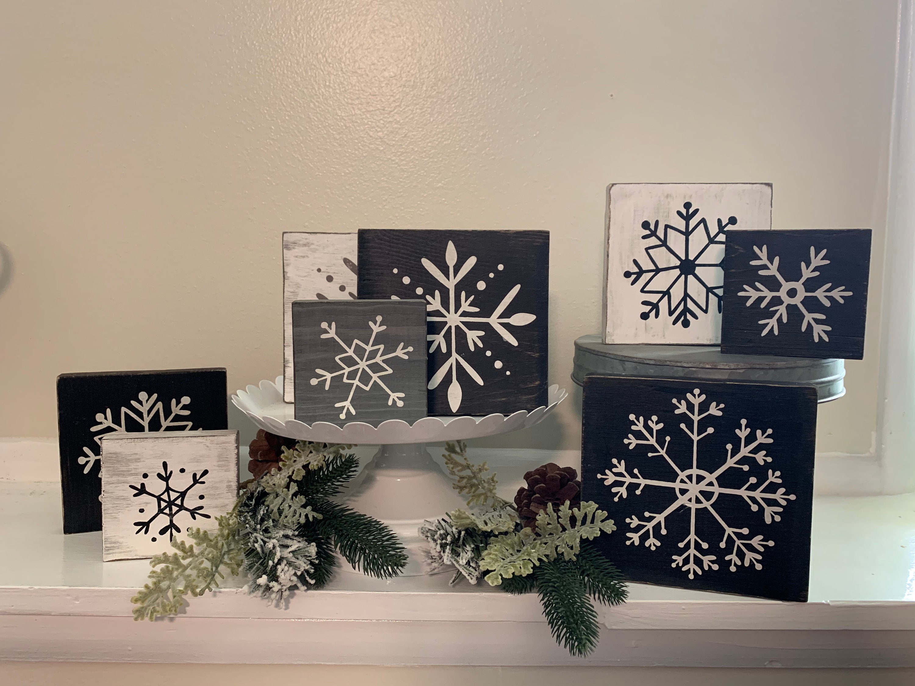 Rustic Snowflake Tiered Tray Sign -  Winter, Christmas, Chippy, Farmh…