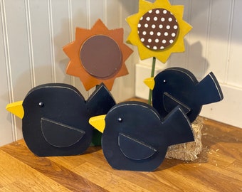 Rustic Wood Crows, Fall Table Decor, Black Bird Accent
