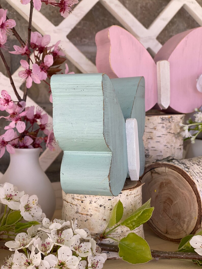 Pu&ograve; includere: Due decorazioni in legno a forma di farfalla, una dipinta di blu chiaro e l'altra di rosa, sono esposte su fette di legno di betulla. Le farfalle sono posizionate con le ali aperte, creando un'esposizione fantasiosa e decorativa.
