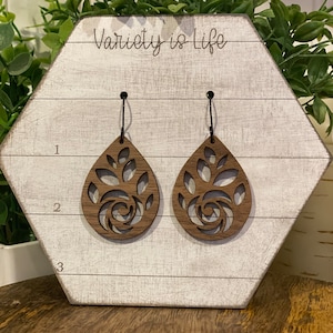 Rose, cutout, teardrop, wood earrings, Boho, Flower, Roses, floral, wood, drop, dangle, earrings, earring