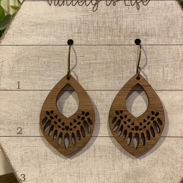Tribal cutout drop wood earrings, Boho, Tear drop, tribal, jewelry, earring, earrings, wood, wooden, dangle, drop