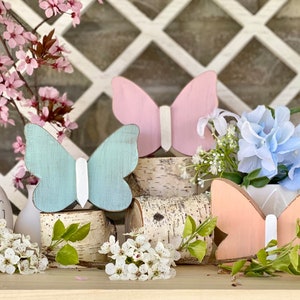 Pu&ograve; includere: Tre figurine di farfalla in legno, dipinte in rosa pastello, azzurro chiaro e pesca, sono esposte su fette di legno di betulla. Le farfalle sono disposte in fila, con la farfalla rosa a sinistra, la farfalla azzurra al centro e la farfalla pesca a destra. Le farfalle sono tutte rivolte nella stessa direzione, con le ali spiegate.