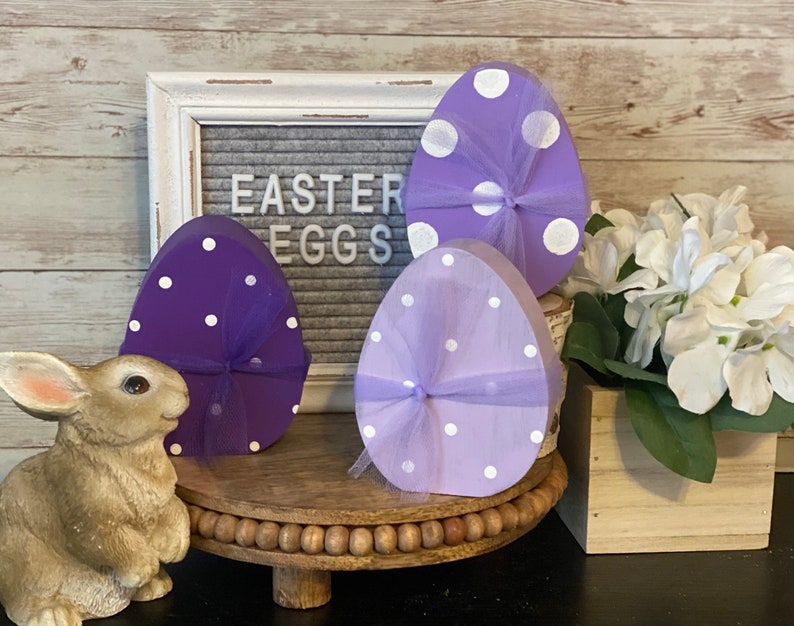 Wood egg, Easter egg, Easter decor, Easter tier tray, Easter eggs, Spring decor, Easter, colored eggs, polka dots, wood decor, tiered tray image 8
