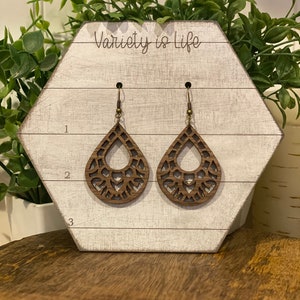 Mandala cutout teardrop wood earrings, Boho, wood, earrings, earring, jewelry, dangle, laser cut, light weight